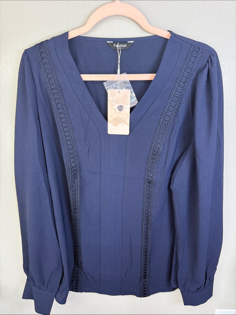 Navy V-Neck Long Sleeve Top Lace Details NWT XL